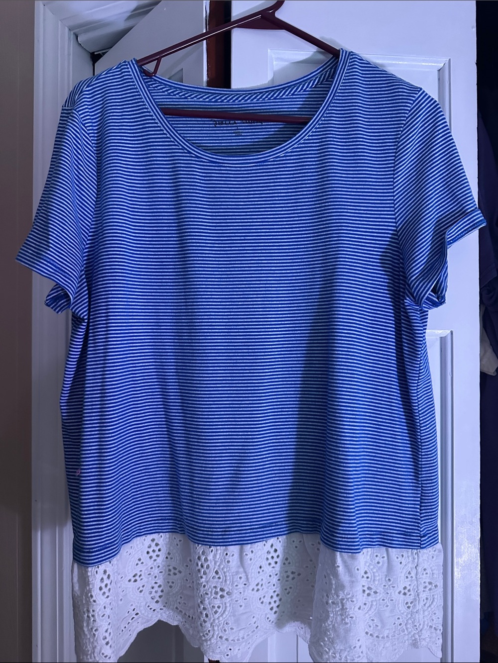 Rebecca Malone Blue Striped Short Sleeve Top with White Eyelet Hem